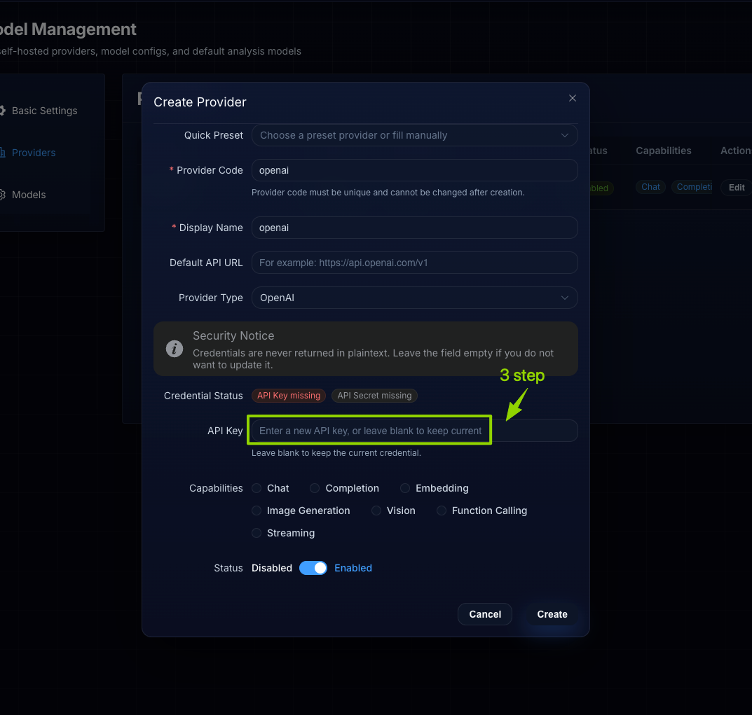 Step 3: Paste your API key and create the provider
